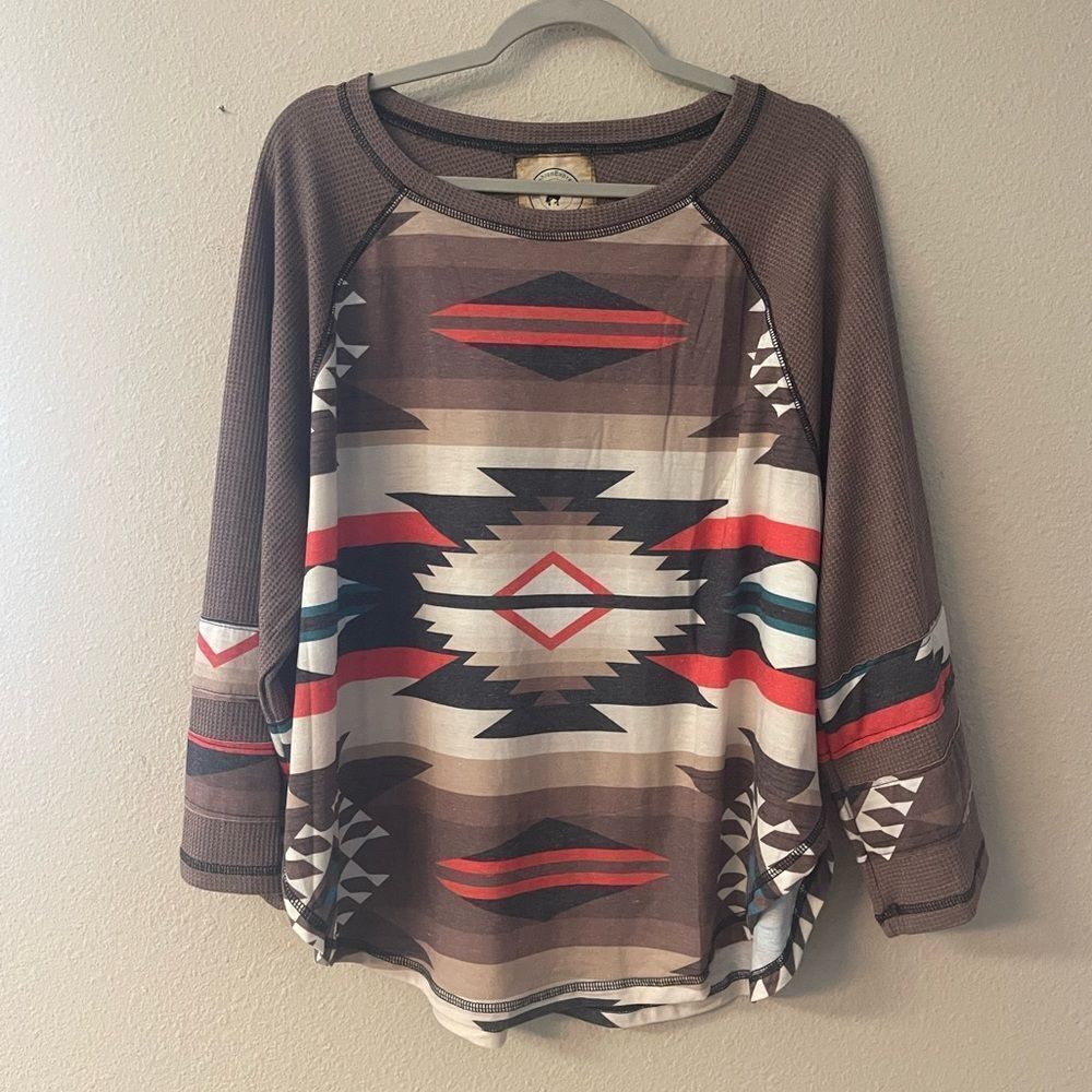 Western Fashion Express - Women’s brown aztec print waffle knit shirt